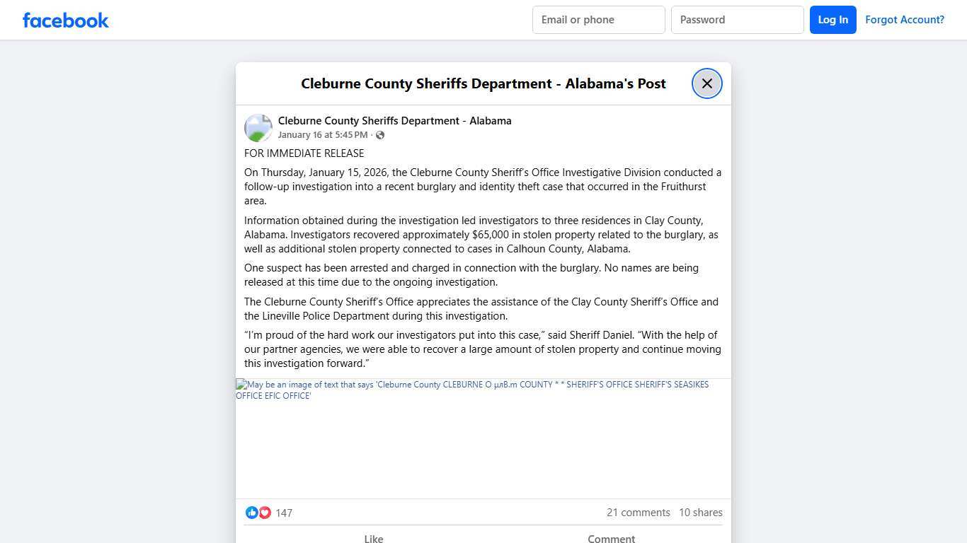 FOR... - Cleburne County Sheriffs Department - Alabama Facebook