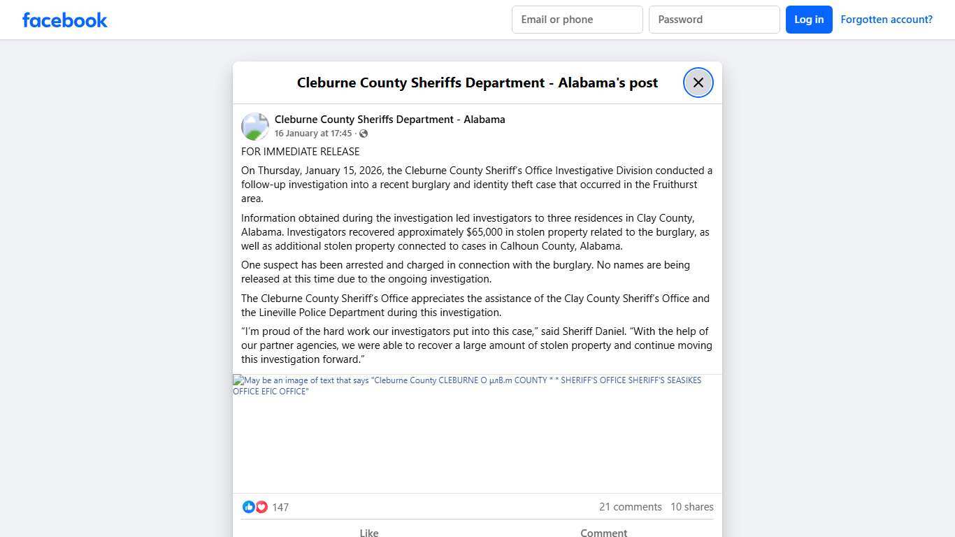 FOR... - Cleburne County Sheriffs Department - Alabama Facebook